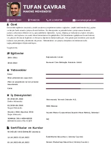 Makine Mühendisi Cv Örnekleri cv indir